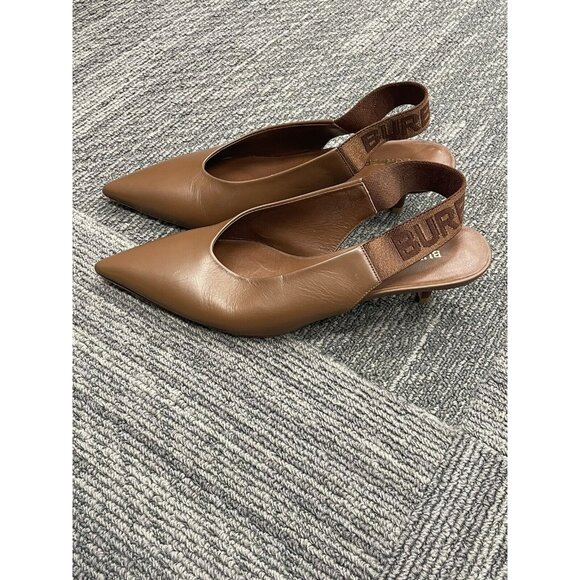 Burberry Malinda Logo Kitten Heels Pointy Toe Brown Size 37 (7) READ - Picture 1 of 14